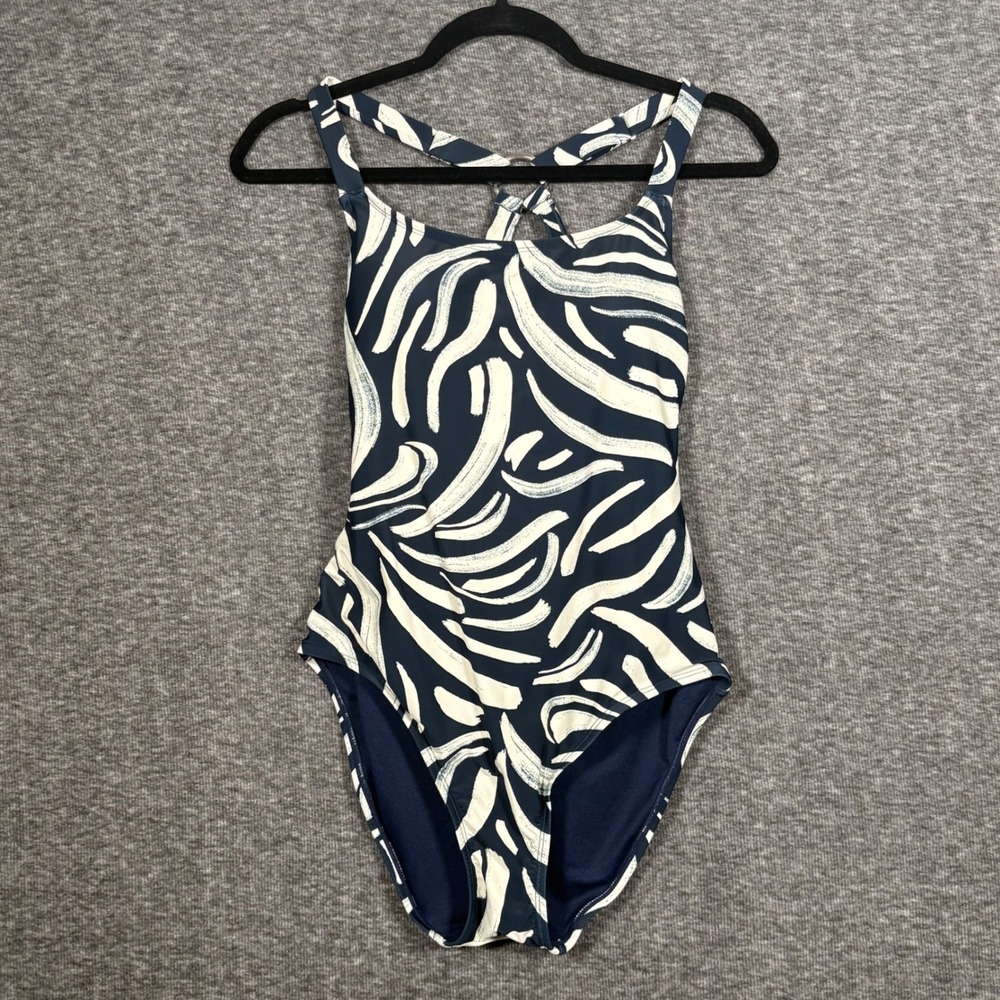 Hurley Womens Navy White Abstract Brushstroke Strappy Back One Piece Swimsuit